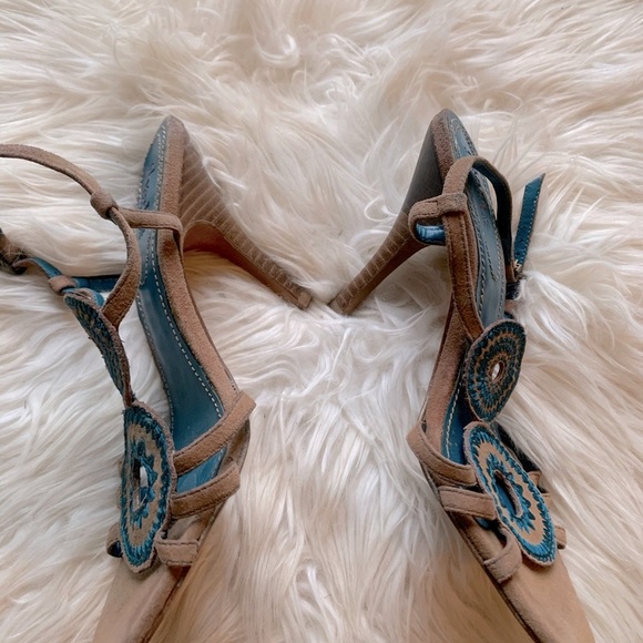 Charles David Embroidered Suede Leather Wood Kitten Heels Y2K 90s - Picture 5 of 6